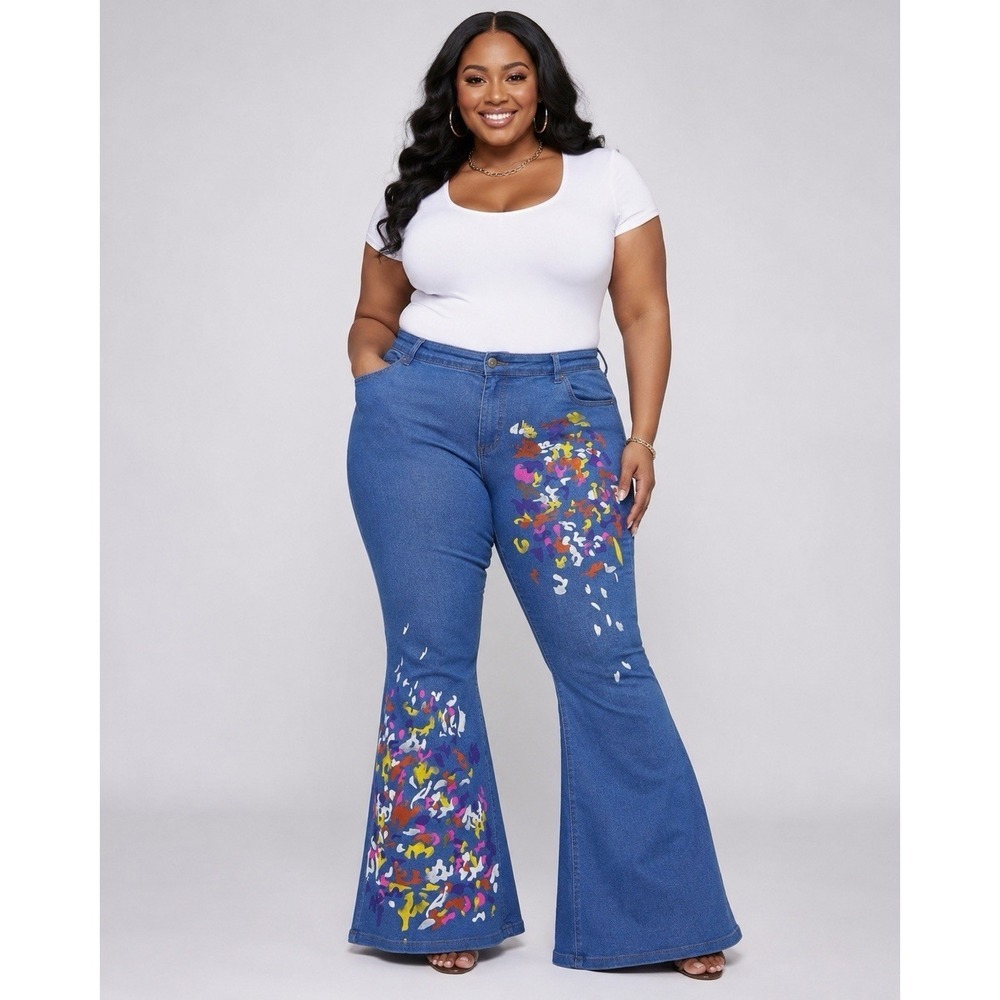 Ashley Stewart Plus Size 20 Painted Art Flare Jeans Stretch Denim Bell Bottoms